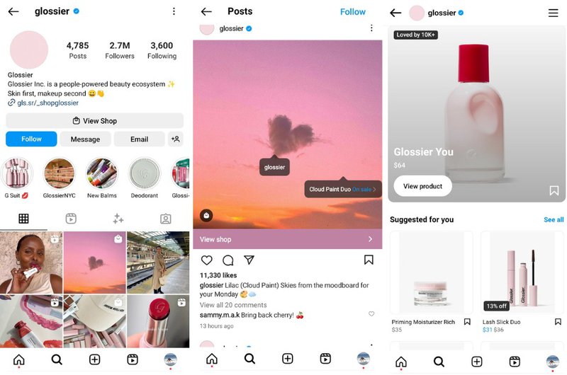 Glossier use Instagram shopping feature, showcasing the effectiveness of social commerce